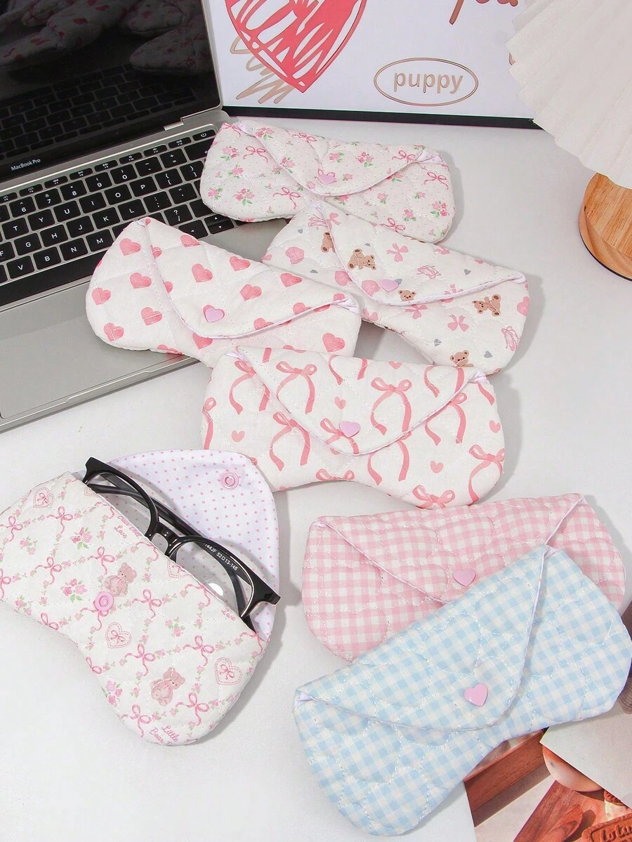 1pc Heart-Shaped Quilted Fashion Glasses Case, Bow Pattern Fashion Glasses Pouch, Women's Glasses Bag, Fashion Glasses Pouch, Glasses Case, Glasses Frame, Girls Glasses Storage Box, Summer Travel Fashion Glasses Pouch, Suitable For Travel, Vacation And School, Fashion Glasses Pouch, Multifunctional Storage Bag - Multicolor - View 1