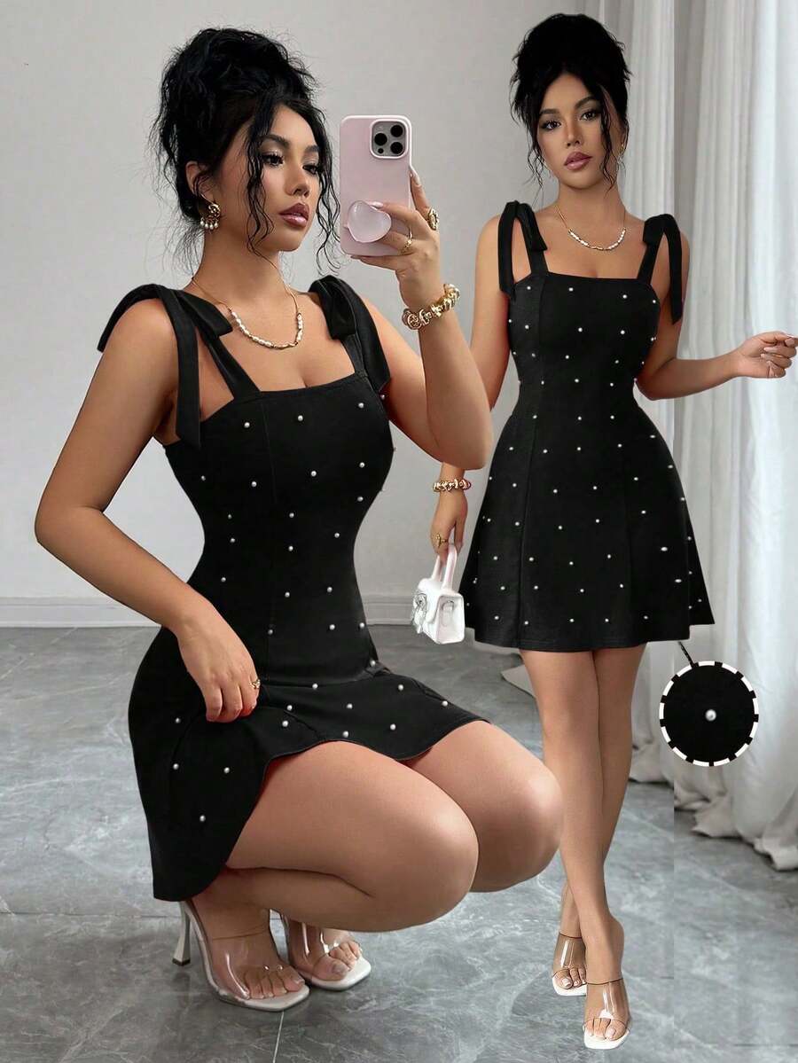 Vestido mini ajustado de línea A con decoración de lazo y perla, de unicolor y elegante moda para mujer - Negro - Ver 1