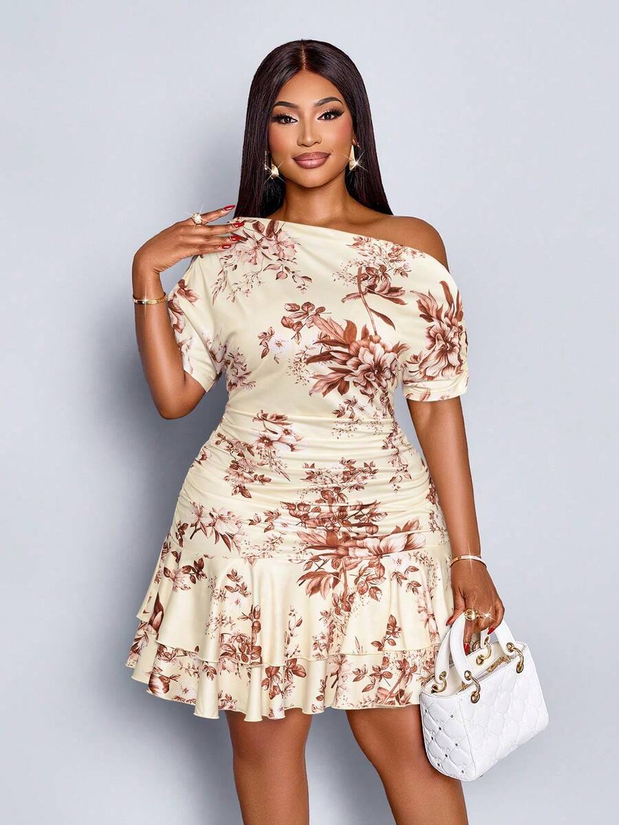 Elegant Mini Dress For Parties And Daytime Events, Featuring An Asymmetrical Neckline, Long Sleeves, Gathered Details, And A Double Ruffle, Made Of Apricot-Colored Knit Fabric For Women. - 杏色 - 查看 1