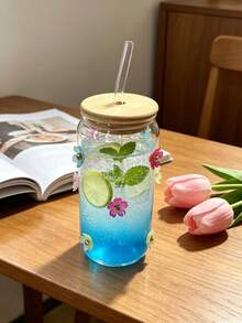 Niedlicher Glasbecher mit Blumenmuster, Bambusdeckel & Glasstrohhalm, klarer becherförmiger Eiskaffeebecher für Saft, Cocktail, Getränke und täglichen Gebrauch - Verschiedenfarbig - Übersicht 3