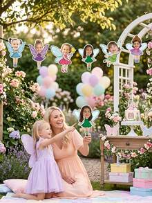Custom Photo Fairy Cutout Bunting, Winged Elf Cartoon Portrait Banner, No Custom Text, 8/16/24PCS Options, Girl Birthday & Playroom Hanging Decor - Multicolor - View 5