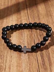 Hematite Cross Beaded Bracelet With Black Tourmaline, Protection, Grounding, Harmony, Religious Yoga Meditation Vintage Jewelry Gifts For Women Men - Black - View 2