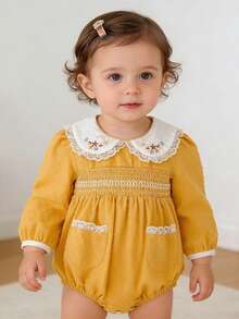 Infant Spring/Autumn Polka Dot Long Sleeve Bodysuit, Baby One-Piece Bodysuit With Peter Pan Collar And Embroidered Triangle Design - Ginger - View 2