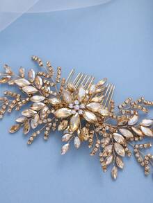 1pc Handmade Champagne Rhinestone Leaf Hair Comb, Elegant Bridal Headpiece For Wedding, Prom, Party - Champagne - View 4