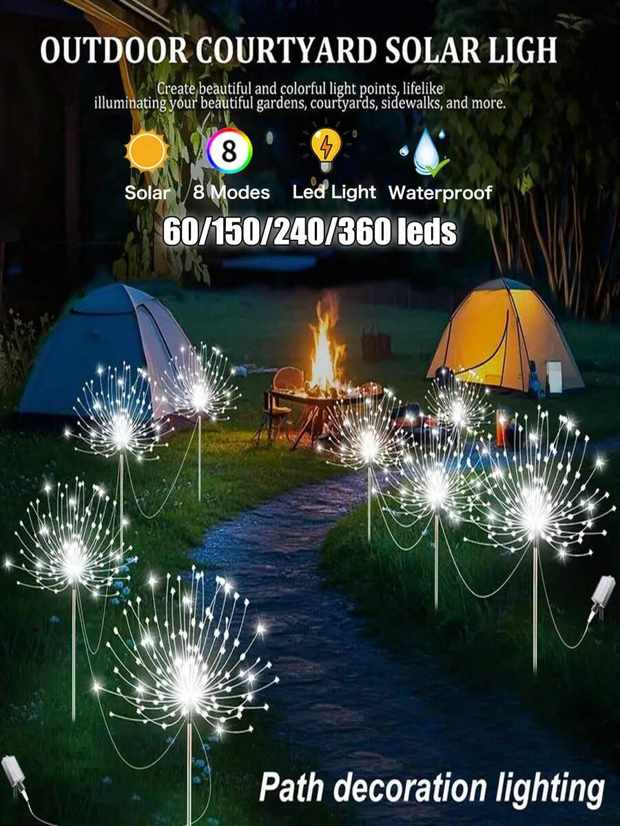 太陽能花園煙花燈，戶外防水 60/150/240/360 LED 燈串，8 種模式 DIY 景觀燈，太陽能蒲公英插地燈，適用於草坪、露台、節日、假期、派對、露營、街道、院子、聖誕裝飾
