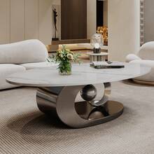 49.2" Modern Luxury Faux Marble Coffee Table For Living Room, Oval Stone Top End Table With Gold Metal Base, Scratch Resistant Rock Slab Top, Living Room Table - (Grey With White Top Table, Leg-a) - View 1