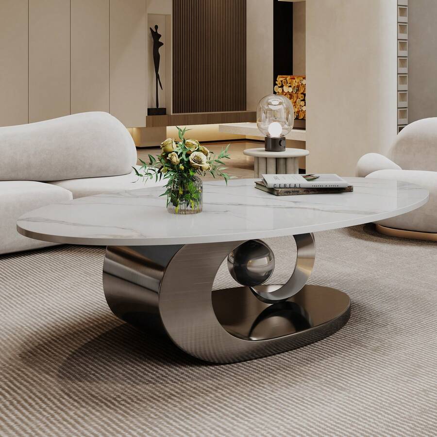 49.2" Modern Luxury Faux Marble Coffee Table For Living Room, Oval Stone Top End Table With Gold Metal Base, Scratch Resistant Rock Slab Top, Living Room Table - (Grey With White Top Table, Leg-a) - View 1