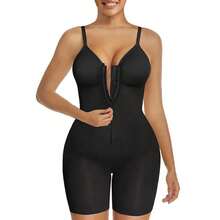 Front Zip Deep V Shapewear Bodysuit Inner Hooks Open Gusset Butt Lifter Padded Shorts Tummy Control - Black - View 1