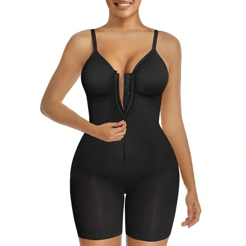 Front Zip Deep V Shapewear Bodysuit Inner Hooks Open Gusset Butt Lifter Padded Shorts Tummy Control - Black - View 1