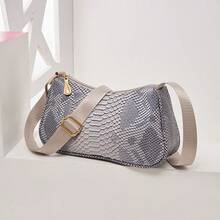 SC256 Solid Color Crocodile Pattern Shoulder Bag, Crossbody Bag At The Side Of The Shoulder, Random Texture Design, Adjustable Shoulder Strap - Grey - View 2
