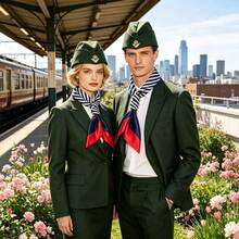 6, 2 Pieces European Air Hostess Pilot Matching Accessories Wheat Emblem Cap Contrast Red-Blue Striped Neck Bandana - Multicolor - View 9