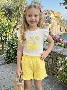 2pcs/Set Young Girls Cute 3D Flower Decor Round Neck Short Sleeve Casual Tank Top And Yellow Floral Hem Shorts Set, Summer - White - View 3