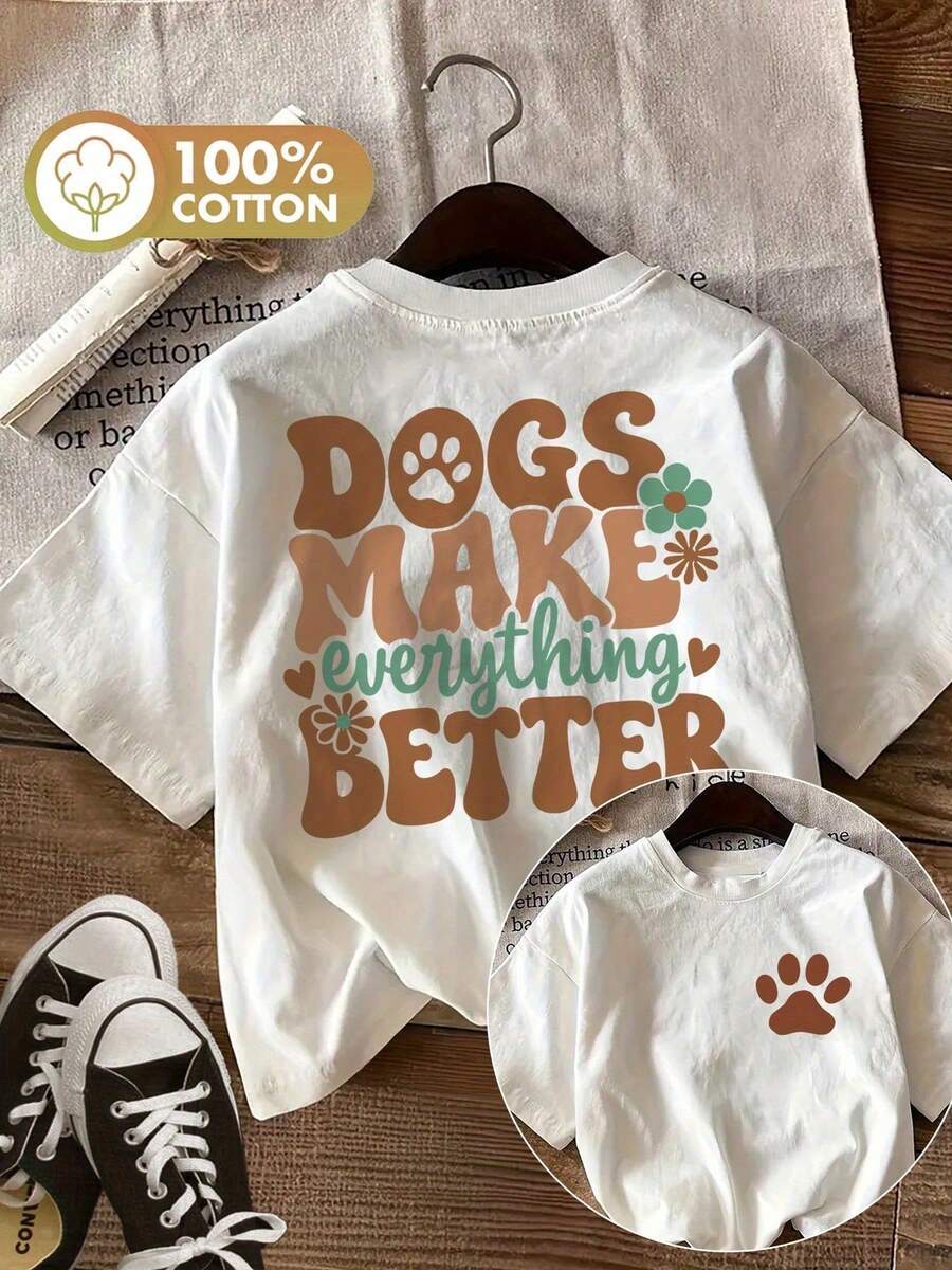 [Double Side Print] Women's Tops - Vintage Style, Paw Prints, Flowers, Dogs, Loose Fit, Casual Daily Wear, Pure Cotton, Round Neck, Short Sleeves