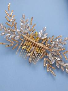 1pc Handmade Champagne Rhinestone Leaf Hair Comb, Elegant Bridal Headpiece For Wedding, Prom, Party - Champagne - View 6