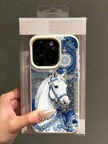 1pc DIY Personalized Name Vintage Blue And White Porcelain White Horse Pattern TPU Faux Leather Texture Phone Case Compatible With IPhone 17/17ProMax/17Air/16ProMax/16E/15/14Plus/13Pro/12/11ProMax/XsMax/ Note 10S/Note 9 4G/Note9Pro/Note 9S/Note 8/13C/12/12C/10A Shockproof Anti-Fingerprint Elegant Gorgeous High-Value, Best Gift For Friends - White - View 4