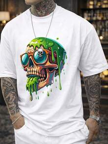Camiseta cómoda y chic para hombre con estampado 'Calavera con slime verde y gafas', cuello redondo, manga corta, para todas las estaciones, corte regular - Blanco - Ver 1