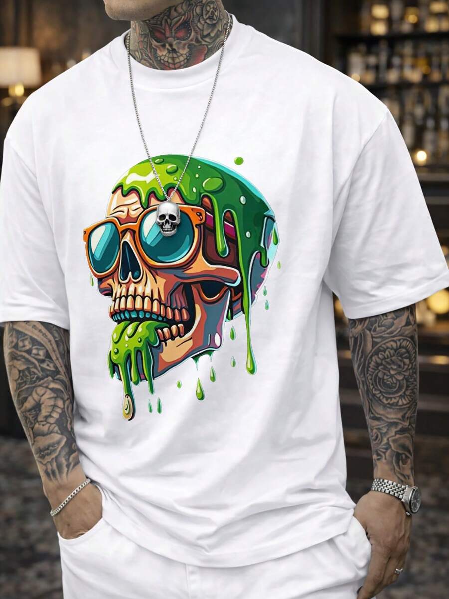 Camiseta cómoda y chic para hombre con estampado 'Calavera con slime verde y gafas', cuello redondo, manga corta, para todas las estaciones, corte regular - Blanco - Ver 1