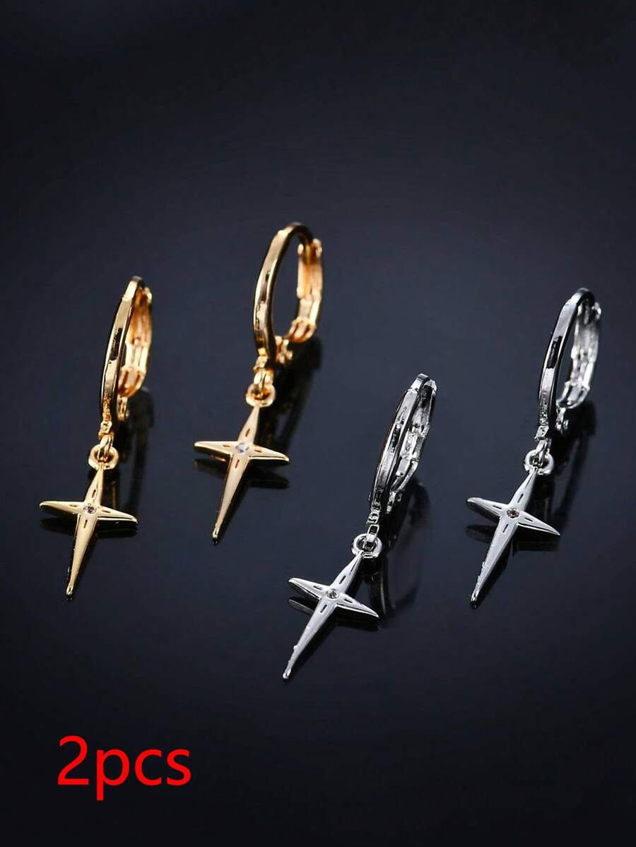 (2PCS) Fashion Minimalist Four-Pointed Star Micro-Inlaid Cubic Zirconia Women's Casual Earrings Copper Material Jewelry - Style 1 - View 1