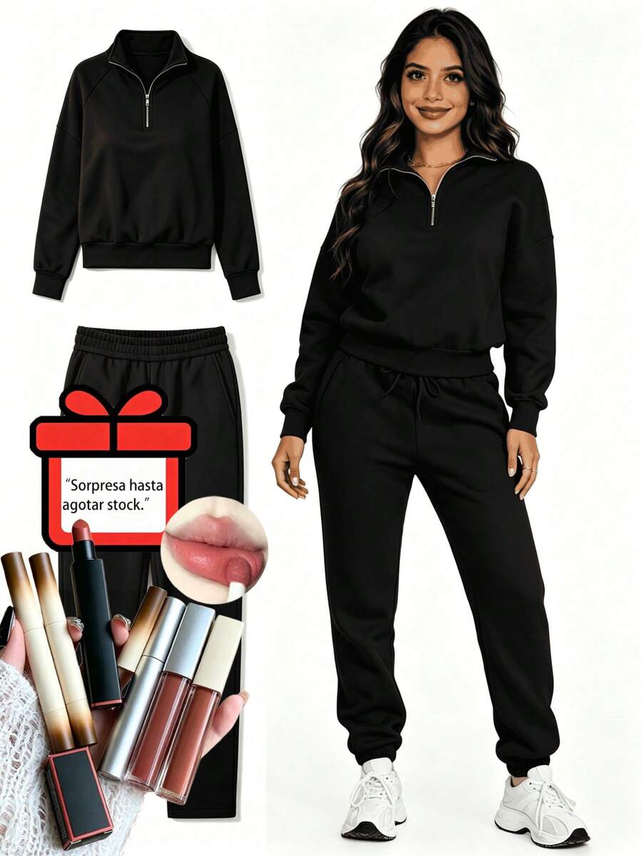 Women's Two-Piece Tracksuit With Half Zip And Matching Pants - 黑色 - 查看 1