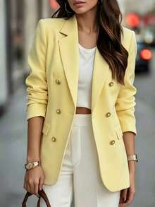 Women's Solid Yellow Blazer, Collared Double Breasted Long Sleeve Pocket Jacket For Fashion Business, Office, Commute, Spring Fall Winter Essential - Yellow - View 11
