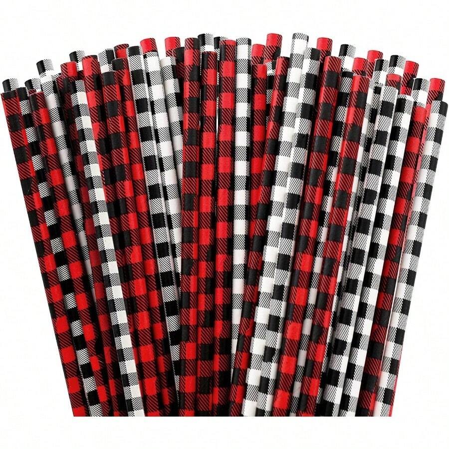 Waline pajitas de Navidad u2013 Pajitas de papel desechables en blanco, rojo, negro bfalo a cuadros para da festivo, bodas, cumpleaos, fiestas de campo - Blanco - Ver 1