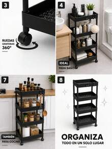 Black Multipurpose Organizer Cart | 4-Tier Mobile Shelving Unit - Black - View 7
