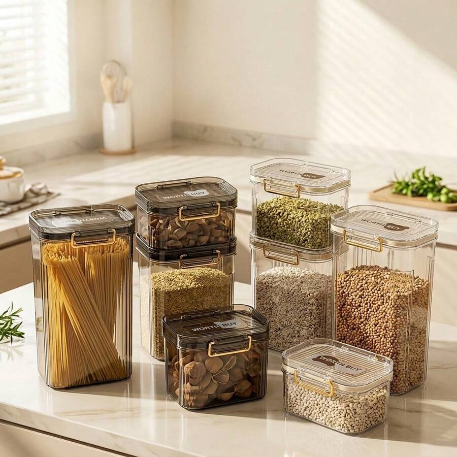 1pc Transparent Plastic Storage Jar With Handle,Multi-Functional Five Grains Cereals Noodles Spice Container, Moisture-Proof Food Storage Box,Portable Sealed Tank,Refrigerator Fresh-Keeping Box,Kitchen Restaurant Organizer - Multicolor - View 1