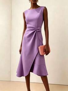 1pc Women's Solid Color Elegant Elegant Minimalist Sleeveless Round Neck Party Dress, Fashionable Casual Mid-Length Summer Dress Wedding Fall - Purple - View 2