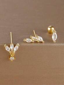 Bộ 3 món bông tai xoắn mạ vàng 18K thép không gỉ đính đá Cubic Zirconia, bông tai kẹp vành tai hình hoa đính đá Cubic Zirconia, trang sức hàng ngày cho nữ - Hoa3 - Xem 9
