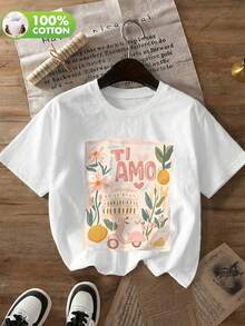 Top casual de manga corta con cuello redondo y estampado de letras para mujer, blanco de verano - Blanco - Ver 3