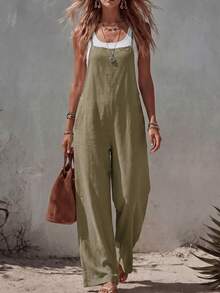 Mono largo para mujer, diseño de tirantes finos sin mangas, con detalles de botones y bolsillos, mono casual de verano elegante - Café integral - Ver 1