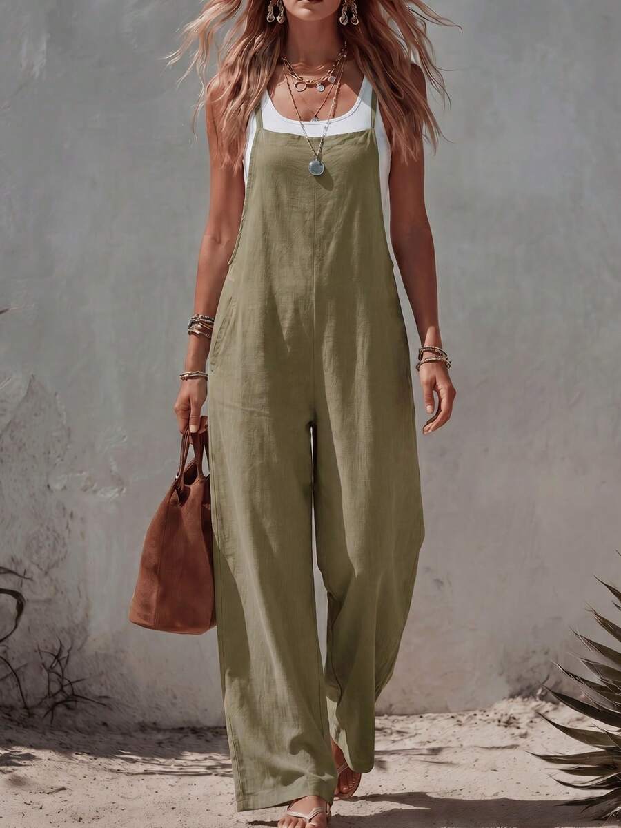Mono largo para mujer, diseño de tirantes finos sin mangas, con detalles de botones y bolsillos, mono casual de verano elegante - Café integral - Ver 1