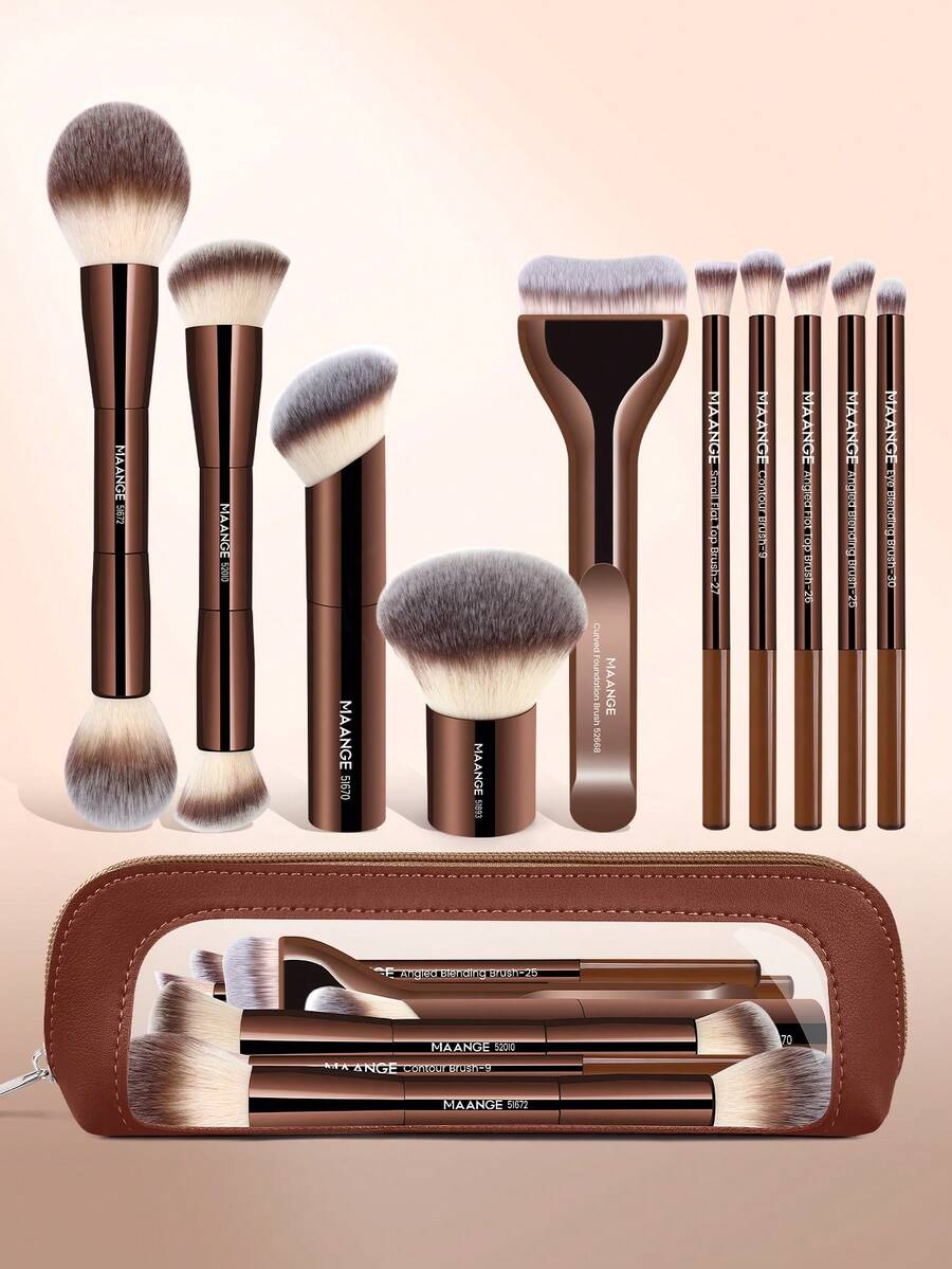 MAANGE 11-teiliges professionelles Make-up-Pinselset mit Aufbewahrungstasche, Reise-Make-up-Pinsel, Puderpinsel, Rouge-Pinsel, Konturpinsel, Foundation-Pinsel, Nasenschatten-Pinsel, Lidschatten-Pinsel, Augenbrauen-Pinsel, Detailpinsel, geeignet für tägliches Gesichtsmake-up, kann für flüssige, cremige und pudrige Politur verwendet werden, Geschenk für Frauen und Mädchen