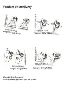 VceTd 2 Pairs/3 Pairs/5 Pairs Set Minimalist Fashion Cute Mini Style Triangle/Heartbeat/Water Cup/Five-Pointed Star/Heart Lock Design Stainless Steel Women's Earrings Set Suitable For Women's Daily Wear/Party/Evening/Date/Wedding/Holiday Gift For Friends - Silver - View 16