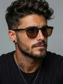 1 Pair Men's Black Square Round Frame Retro Rivet Decor Street Style Fashion Glasses - Black - View 1