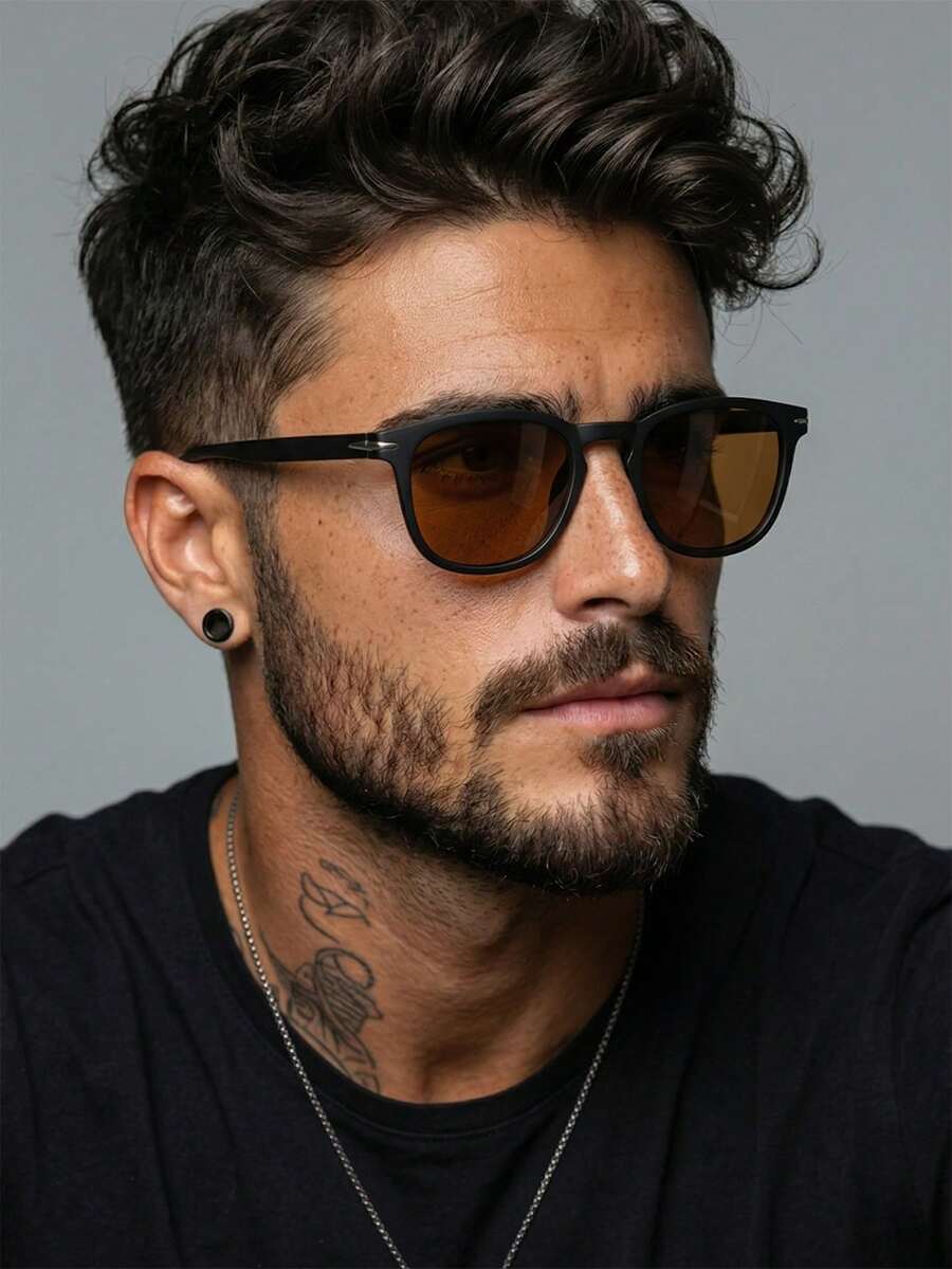1 Pair Men's Black Square Round Frame Retro Rivet Decor Street Style Fashion Glasses - Black - View 1