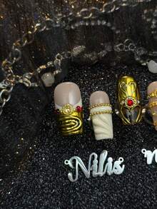 10pcs Handmade Full Coverage Square Press-On Nails, Gold Nail Art, European Vintage Baroque Palace Luxury Style, Reusable Fake Nails, Includes Jelly Glue And Nail File, Suitable For Weddings, Parties, Formal Banquets, Dates, Cosplay, Birthday Celebrations - Gold - View 6