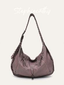 STEPHIECATHY Large Women Single Wide Woven Shoulder Bag PU Leather Y2K Retro Distressed Eyelets Adjustable Strap Zip Decor Pillow Hobo Handbag Daily Travel Commute - Multicolor - View 12