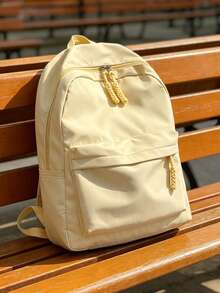 1pc Preppy Style Solid Color Casual Backpack, Multi-Pocket Lightweight School Day Bag With Adjustable Shoulder Straps, Suitable For Students/Girls/Teens/Young Adults, Perfect For Back To School, Campus Learning, Outdoor Camping, Short Weekend Trips And Daily Casual Outdoor Use - Yellow - View 7