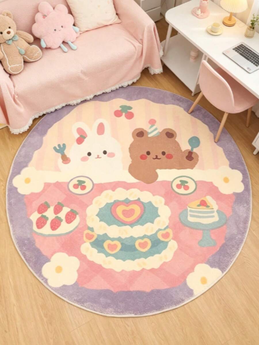 1pc Tulip & Bunny Round Rug, Decorative Carpet, Bedroom Decor, Floor Mat, Carpet, Home Decor, Living Room Rug, Small Living Room Rug, Bedroom Carpet, Living Room Home Decor, Outdoor Rug, Washable Carpet - Multicolor - View 1