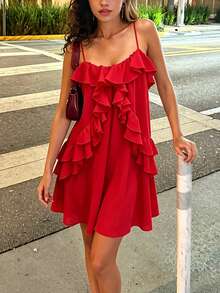 Summer Boho Flowy Ruffle Trim Cami Mini Dress Backless Loose Fit Casual Beach Vacation Short Dress For Wedding Party Graduation - Red - View 2