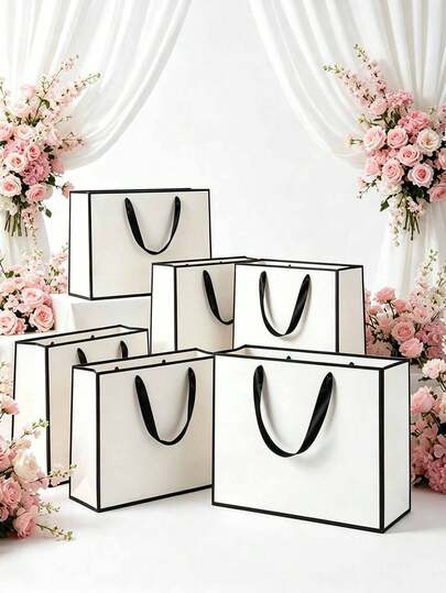 1/5pcs White & Black Gift Bags With Ribbon Handles, White Gift Bags With Black Border, Suitable For Weddings, Retail, Parties, Birthdays, Anniversaries And Engagement Party Favors