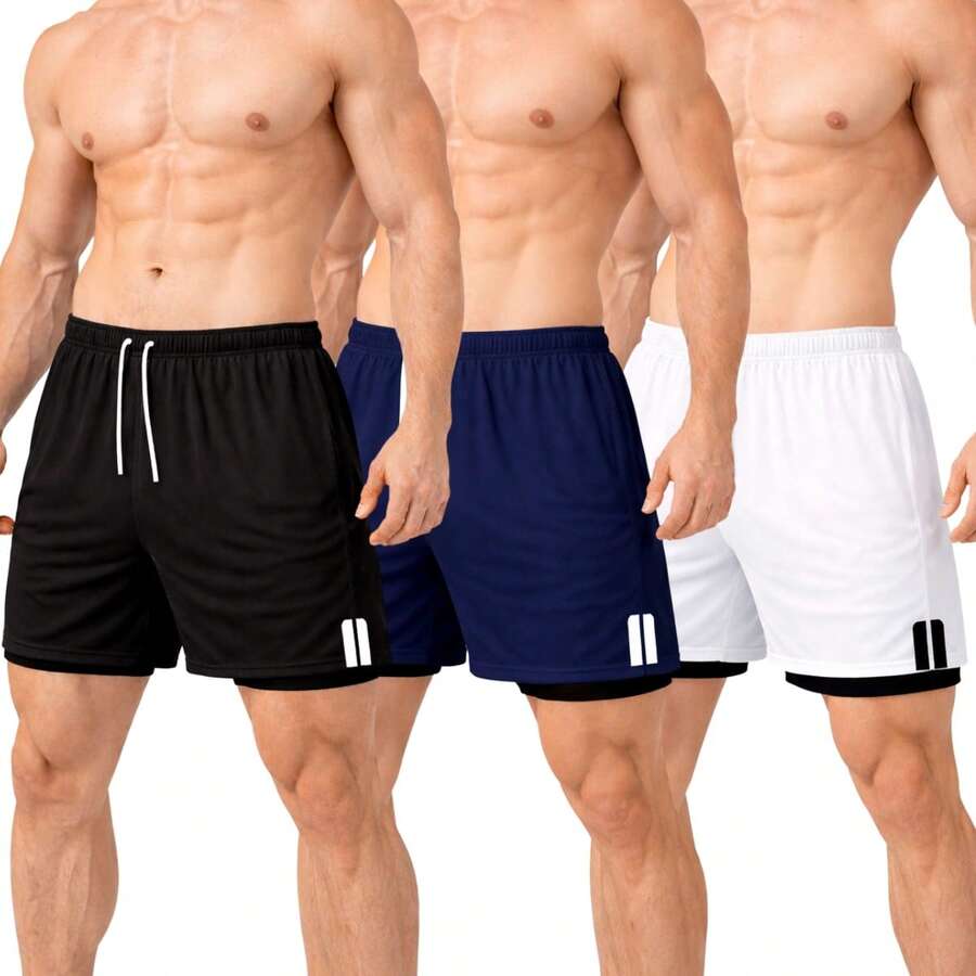 Kit Of 3 Men's Dry Fit 2-In-1 Shorts For Gym And Running With Cell Phone Pocket - WHITE/NAVY BLUE/BLACK - View 1