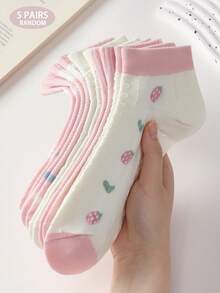 5 pares de calcetines tobilleros para mujer con lindo estampado de fresa, conejo y corazón, cómodos y suaves, absorbentes de sudor y transpirables, adecuados para uso diario, deportes y todas las estaciones - Multicolor - Ver 6
