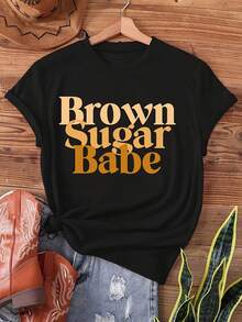 Brown Sugar Babe Print Short Sleeve T-Shirt Round Neck Casual Top For Women's Spring Summer Clothing 0555 Perfect For Outdoors, Parties Or Gifts, Bright Colors And Style... - 黑色 - 查看 1