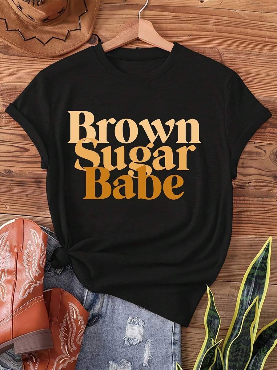 Brown Sugar Babe Print Short Sleeve T-Shirt Round Neck Casual Top For Women's Spring Summer Clothing 0555 Perfect For Outdoors, Parties Or Gifts, Bright Colors And Style... - 黑色 - 查看 1