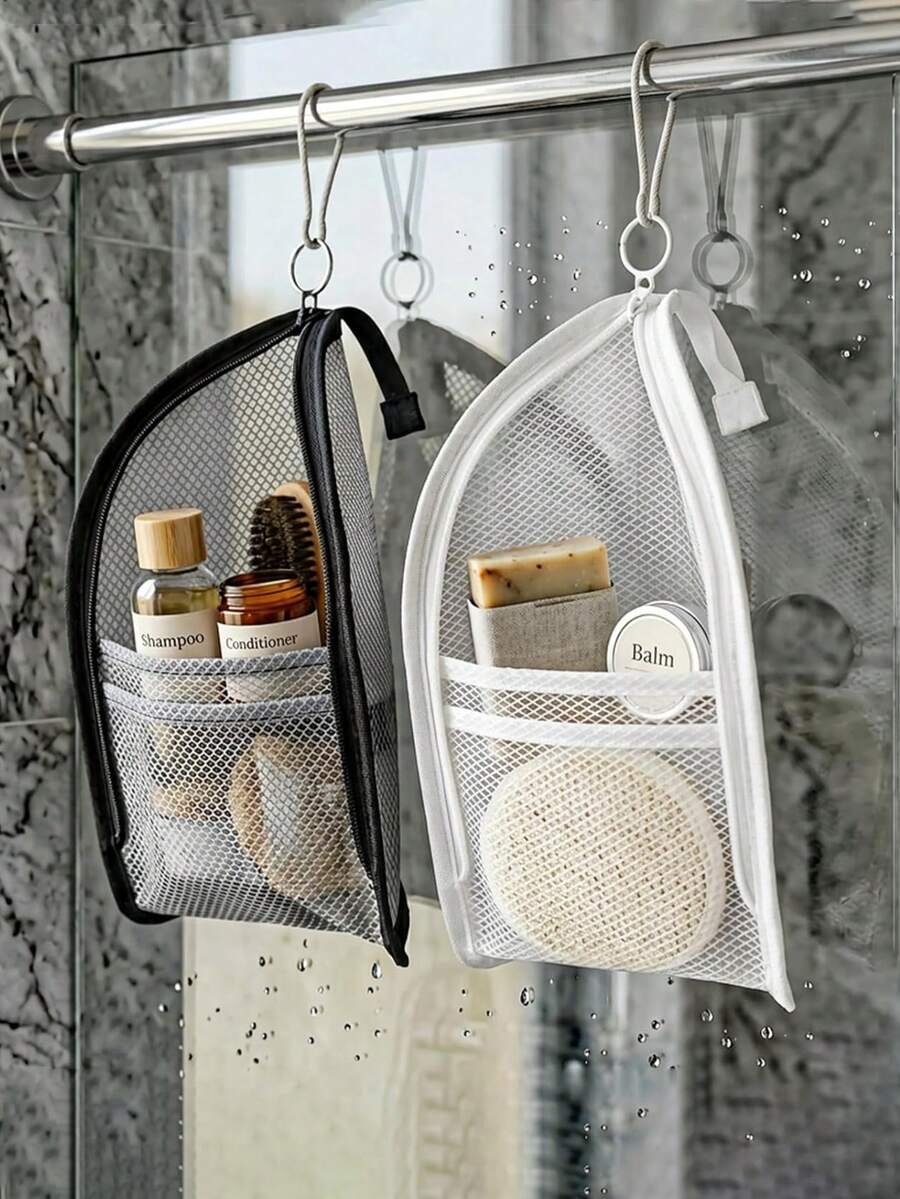 1pc Black/White Mesh Toiletry Storage Bag, Multi-Functional Portable Hanging Organizer, Toiletries Set Classification Storage, Waterproof & Moisture-Proof Bathroom Supplies, Travel Essential, Suitable For Beach, Cosmetics Storage And Daily Home Use,Bedroom Room Decor,Back To School