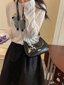 輕奢小眾極簡高級女款腋下包，百搭通勤純色鍊條肩背斜背半月包 - 黑色 - 查看 3