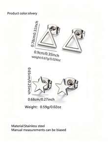 VceTd 2 Pairs/3 Pairs/5 Pairs Set Minimalist Fashion Cute Mini Style Triangle/Heartbeat/Water Cup/Five-Pointed Star/Heart Lock Design Stainless Steel Women's Earrings Set Suitable For Women's Daily Wear/Party/Evening/Date/Wedding/Holiday Gift For Friends - Silver - View 20