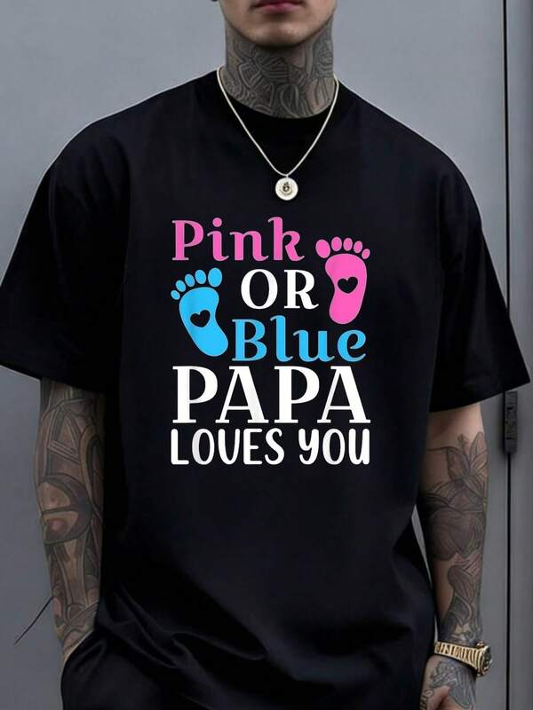 un Solo Lado, Cuello Redondo, Manga Corta, Rosa o Azul, Camiseta con la Frase 'Papa Loves You', Linda Camiseta para Revelación de Género, Divertida y Genial, Camiseta con Patrón Creativo 01